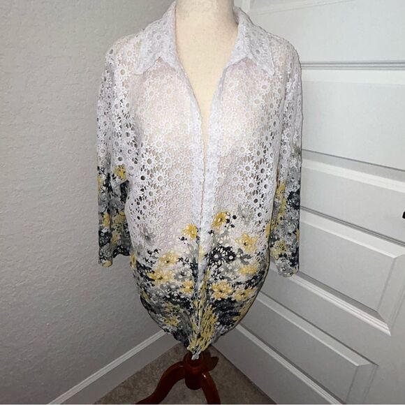 Alfred Dunner Floral Ombre Watercolor Print Crochet Open Front Cardigan - Picture 1 of 11